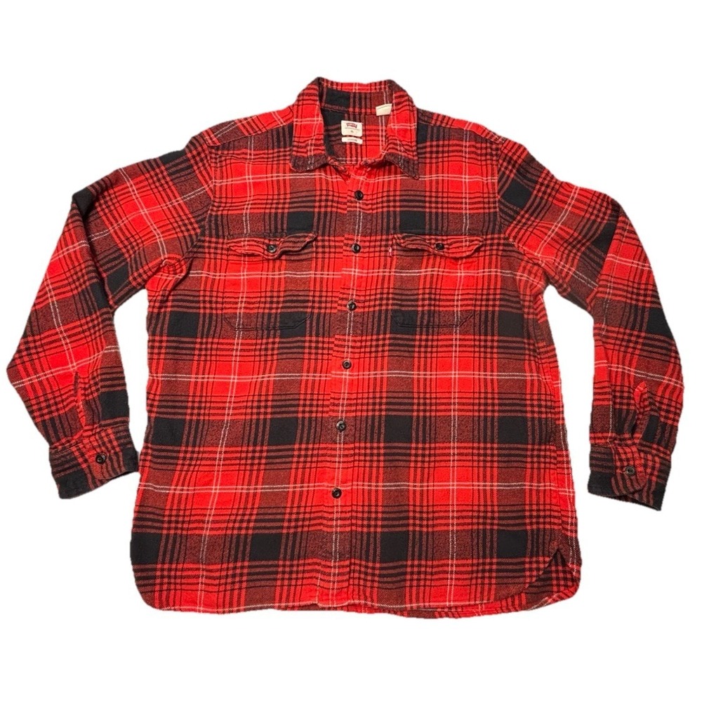 Levi's Red Black Plaid Flannel Shirt Men's XL Standard Fit Button Front
